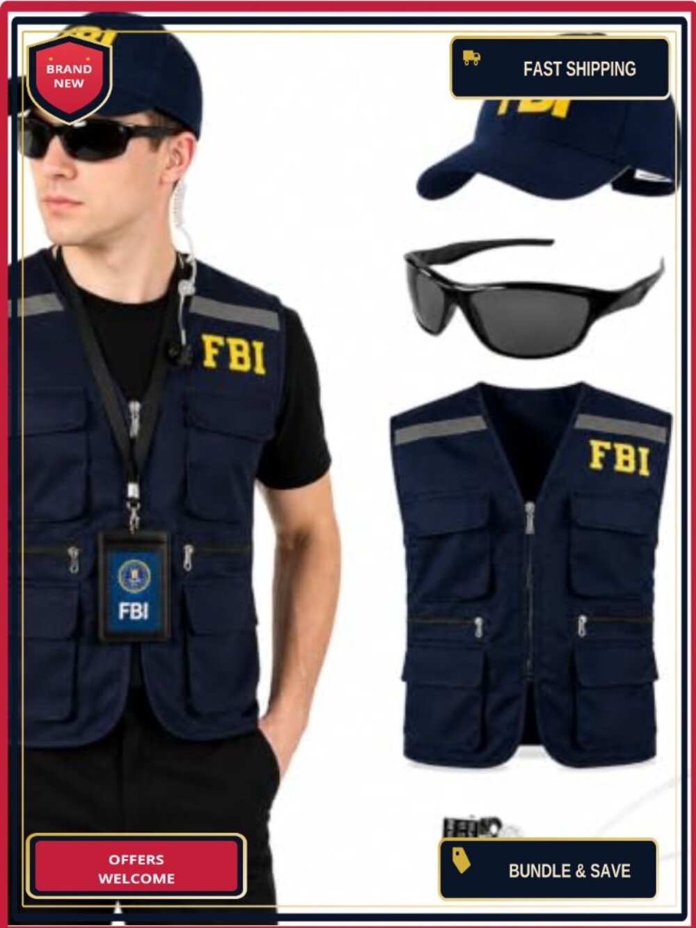 5-Piece FBI Costume Set Adult Halloween Cosplay Agent Vest Hat ID Badge